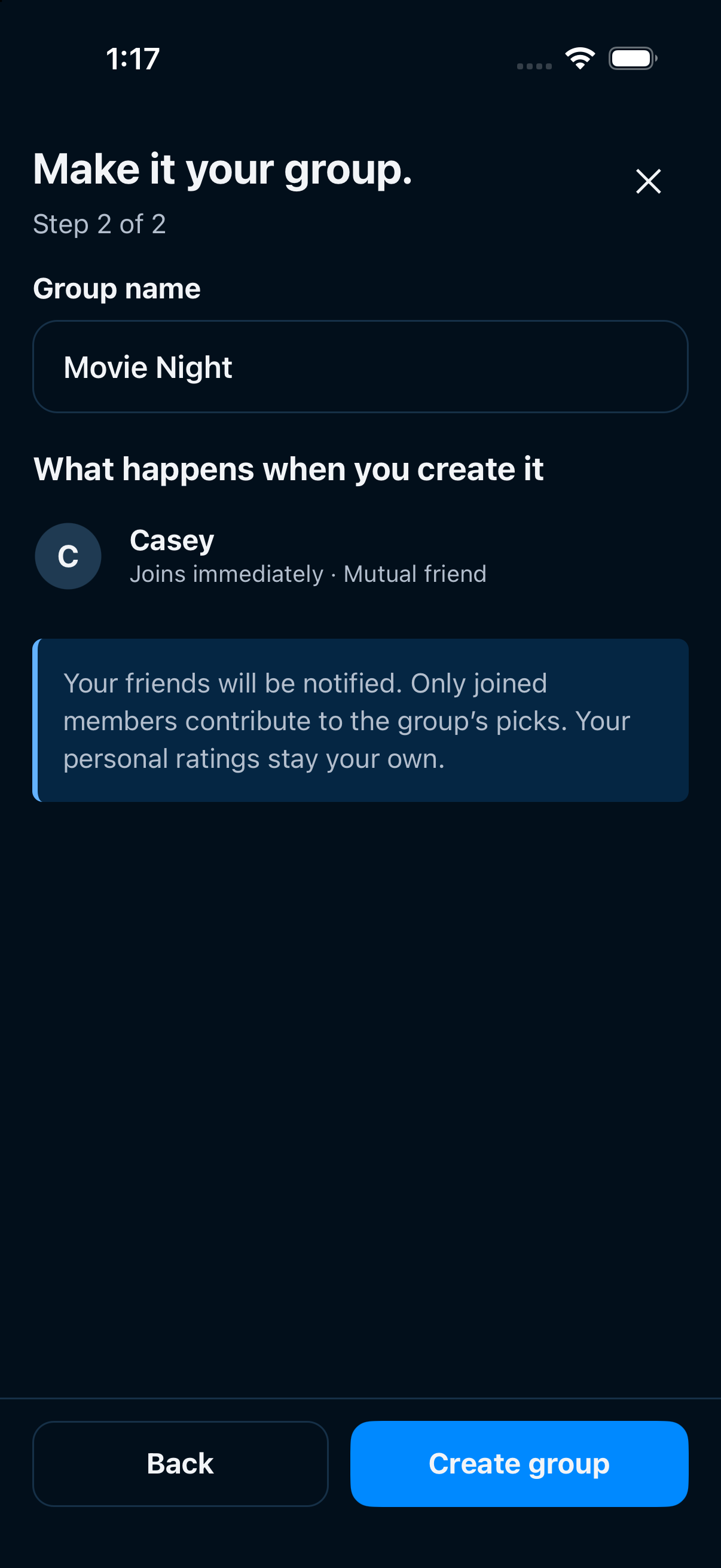 Group naming screen with Movie Night, Casey joins immediately, and Create group button