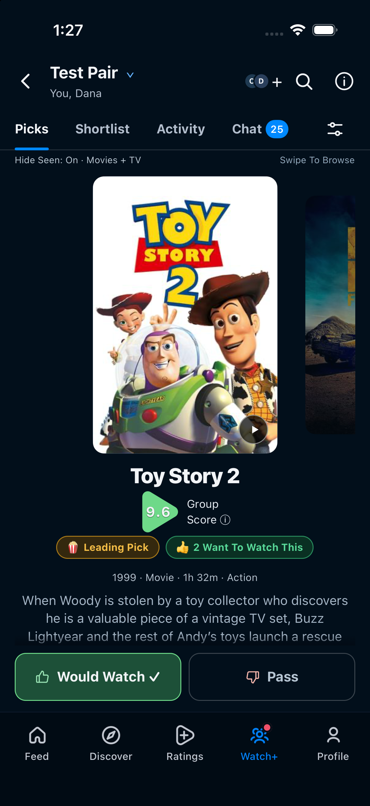 The same shared Toy Story 2 result viewed from Casey’s account