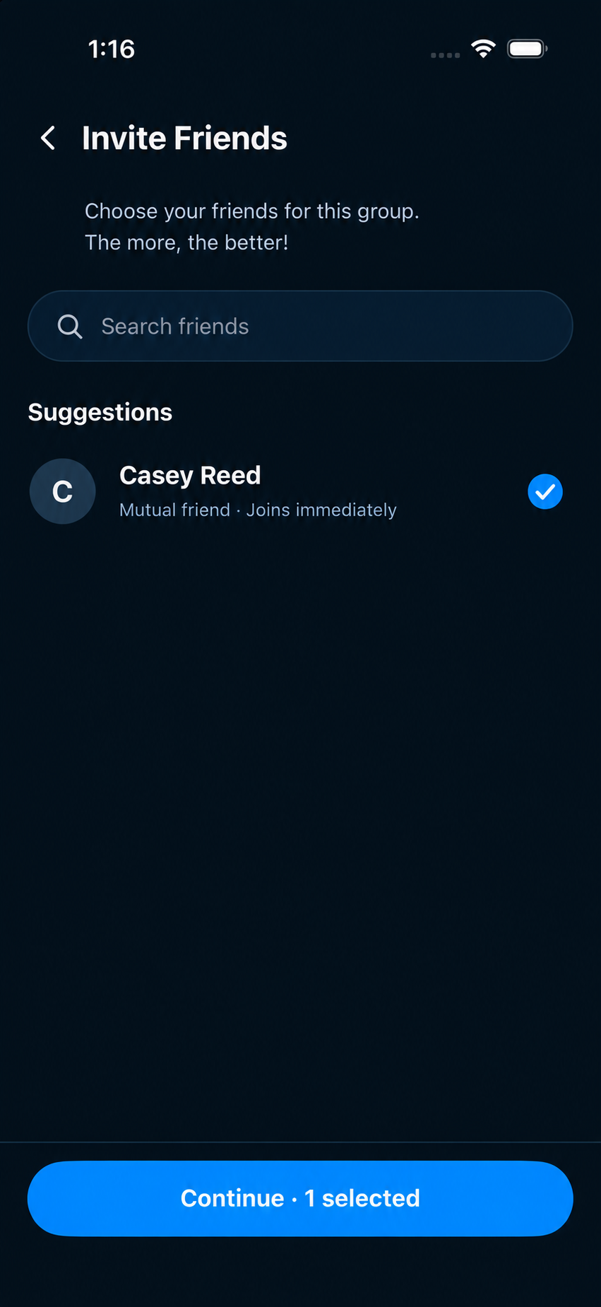 Representative Invite Friends screen focused on selected Casey Reed, with Joins immediately and Continue 1 selected