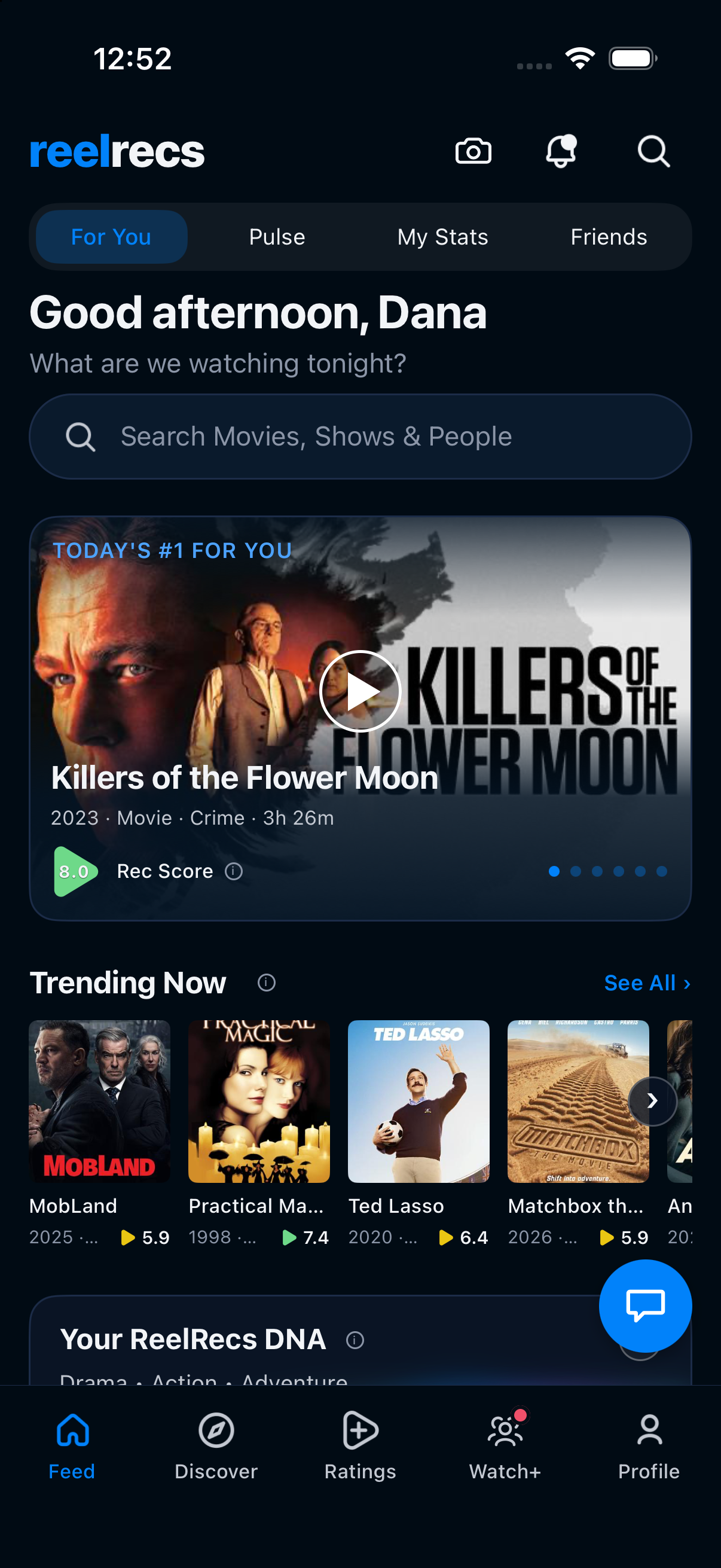 ReelRecs For You feed with a personal suggestion for Killers of the Flower Moon