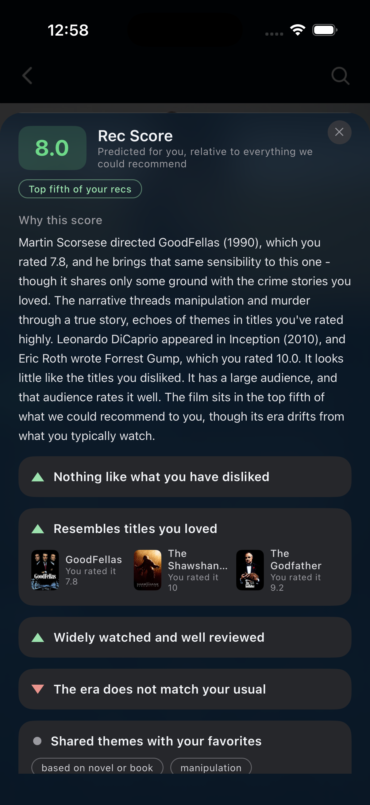 Personal Rec Score explanation for Killers of the Flower Moon, with supporting taste factors and an era difference