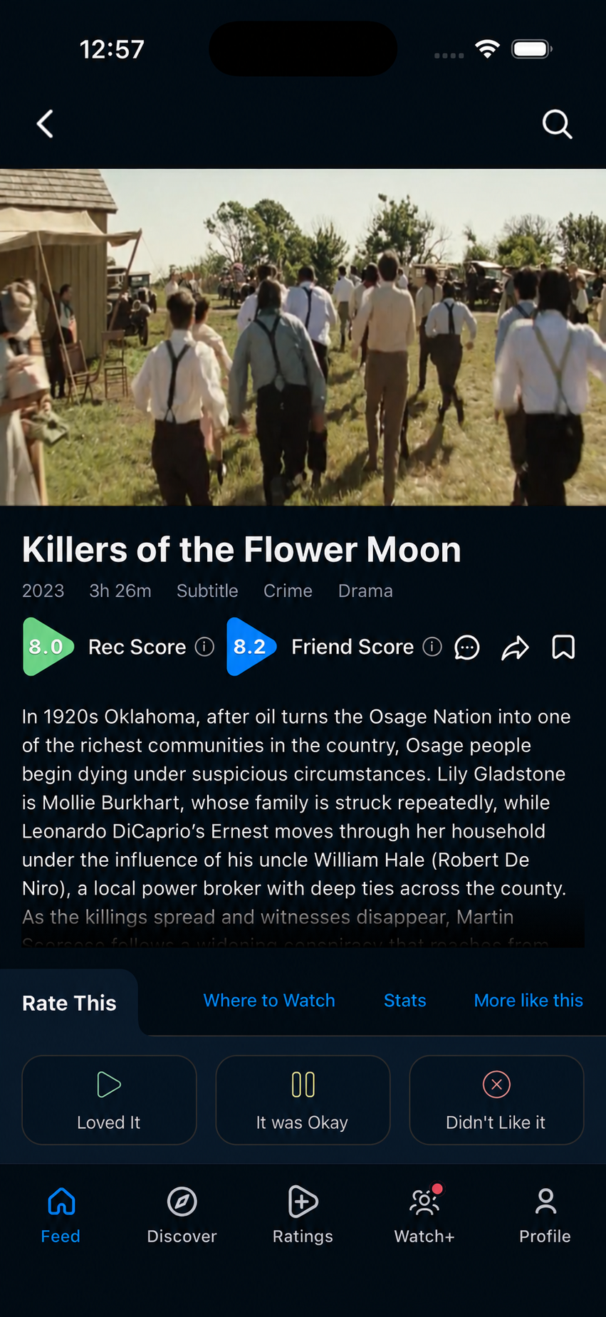Representative Killers of the Flower Moon title page with Rec Score 8.0, illustrative Friend Score 8.2 and runtime 3h 26m
