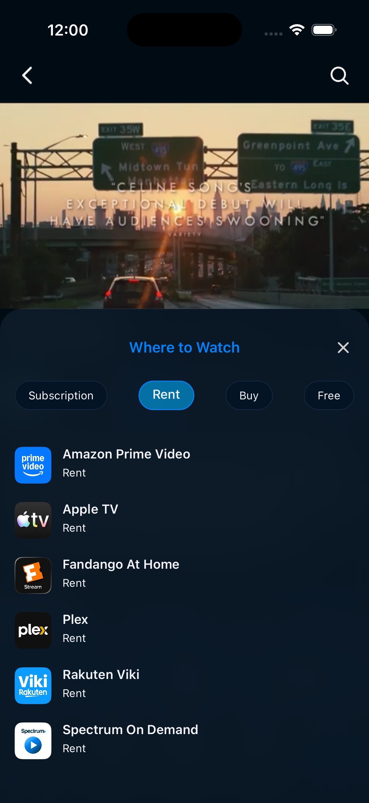 Where to Watch with Rent selected and providers including Amazon Prime Video, Apple TV and Fandango At Home