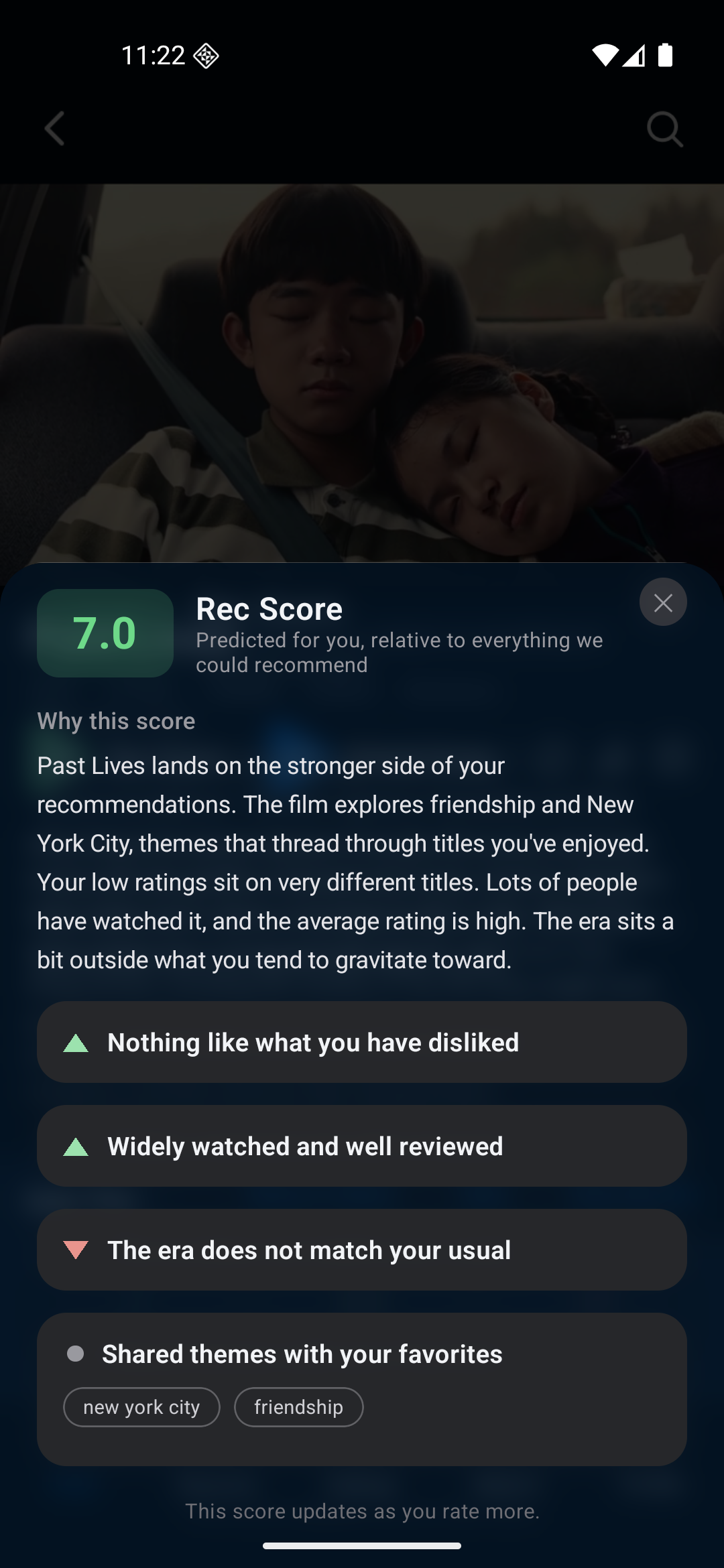 Why this score panel for Past Lives, with the personal 7.0 prediction and supporting taste factors