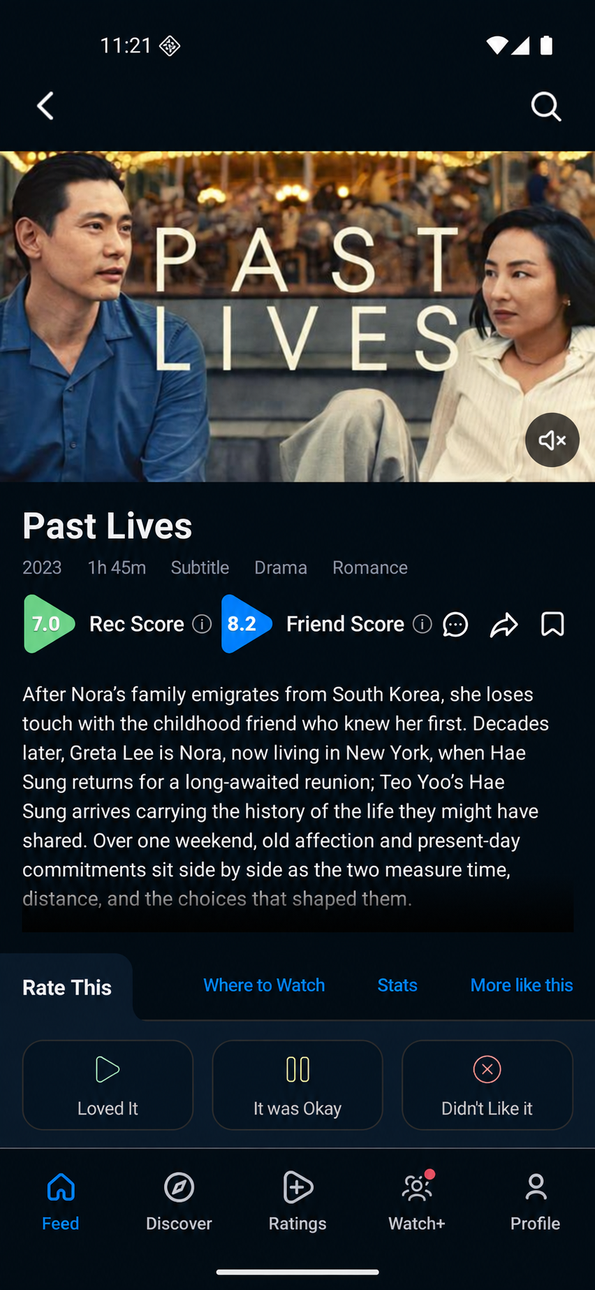 Representative Past Lives title page showing Rec Score 7.0 and illustrative Friend Score 8.2