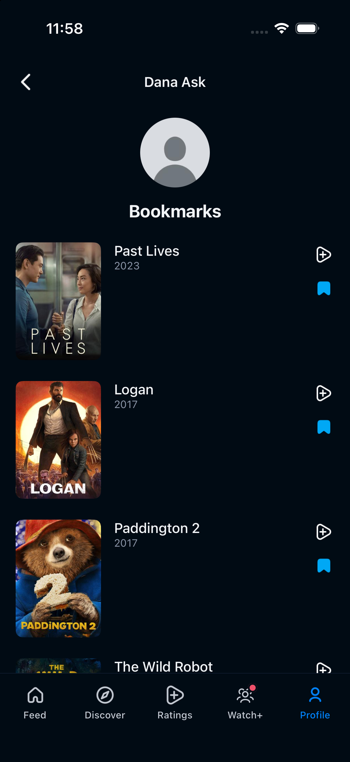 Past Lives in the Bookmarks list of a ReelRecs test profile