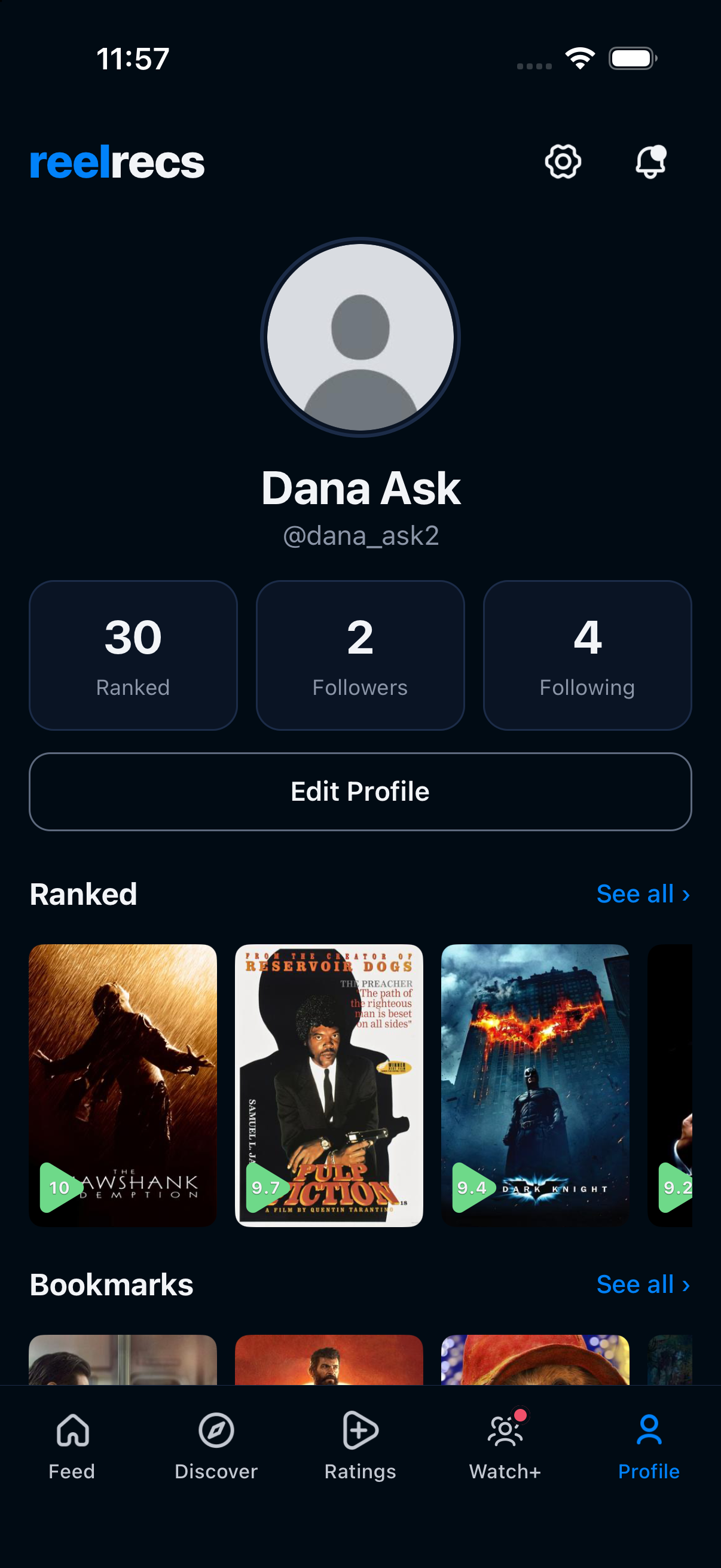 Test profile showing separate Ranked and Bookmarks sections, each with a See all link