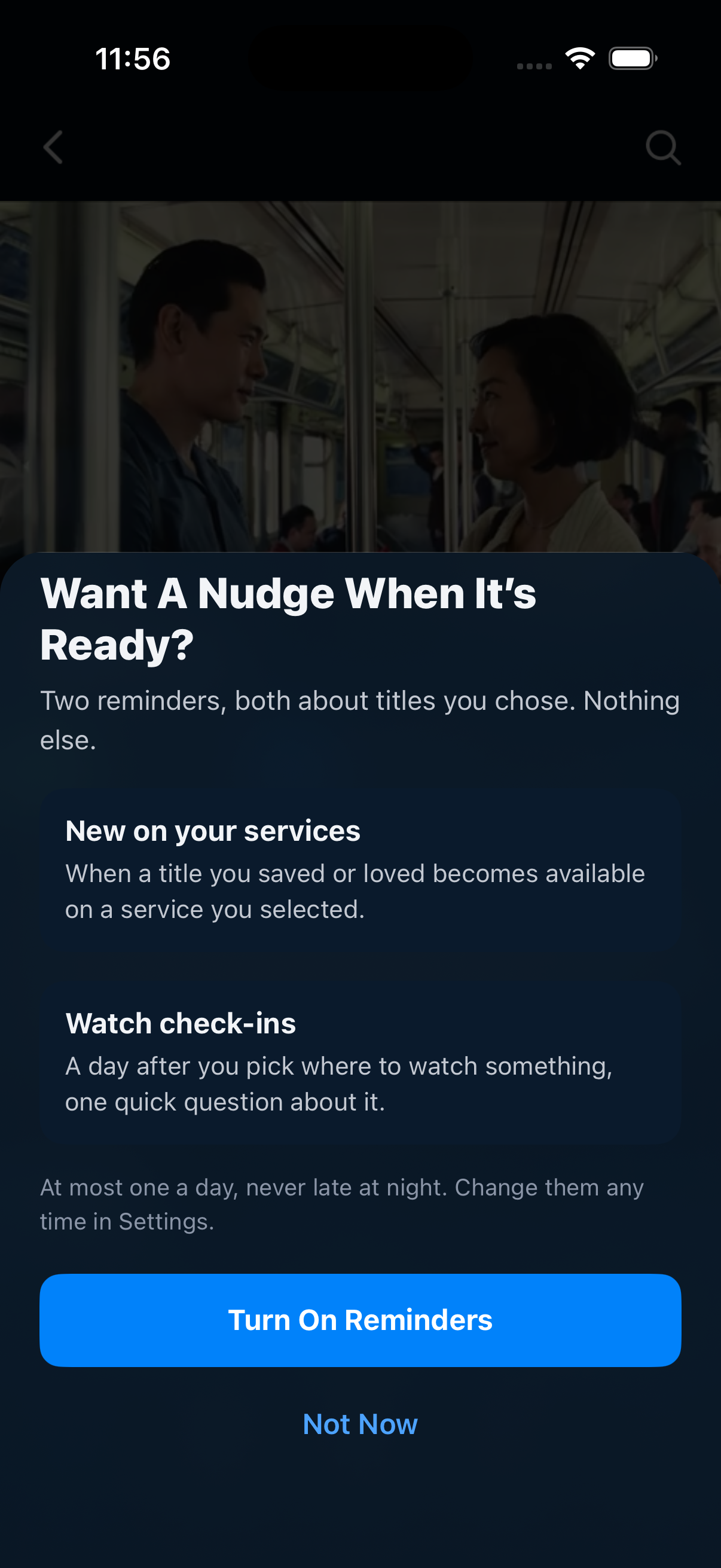 Optional reminder screen after saving Past Lives, with Turn On Reminders and Not Now choices