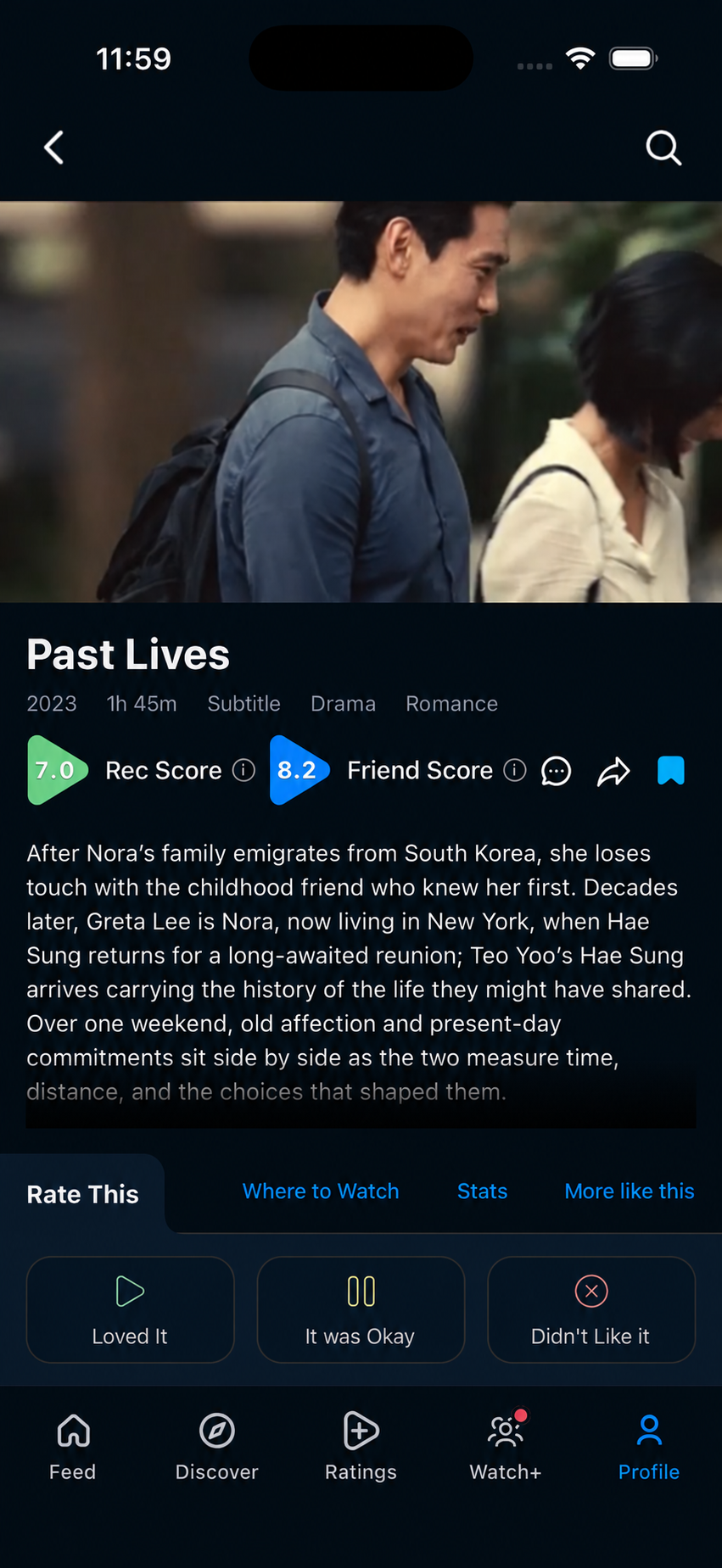 Representative Past Lives screen reopened from Bookmarks, with Rec Score 7.0, illustrative Friend Score 8.2 and a filled bookmark