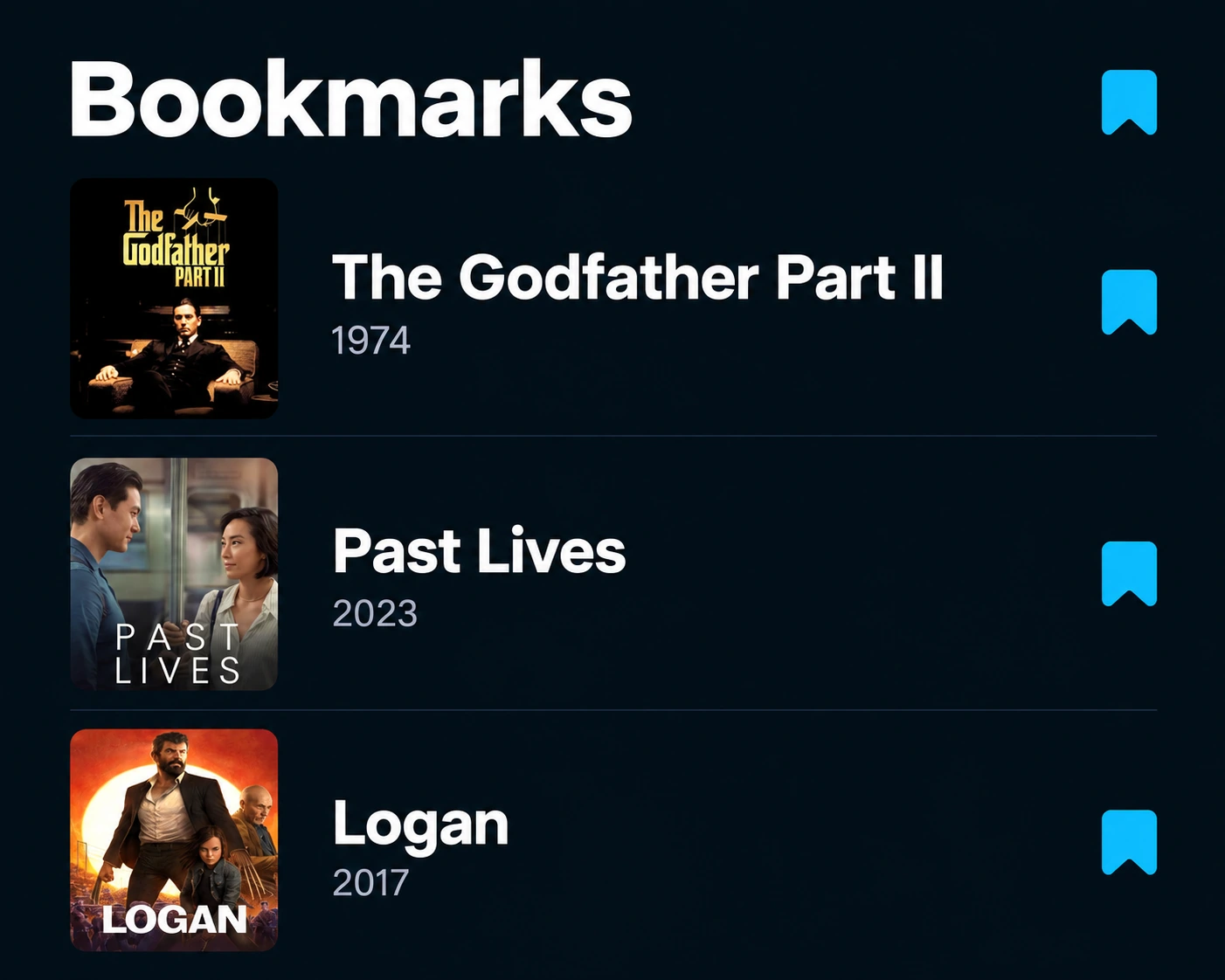 Bookmarks with The Godfather Part II, Past Lives and Logan saved for later